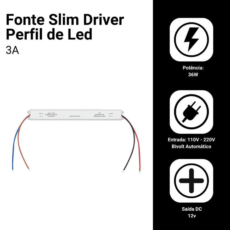 Kit 10 Fonte Slim Driver Para Perfil Fita De Led 12v 3a 36w